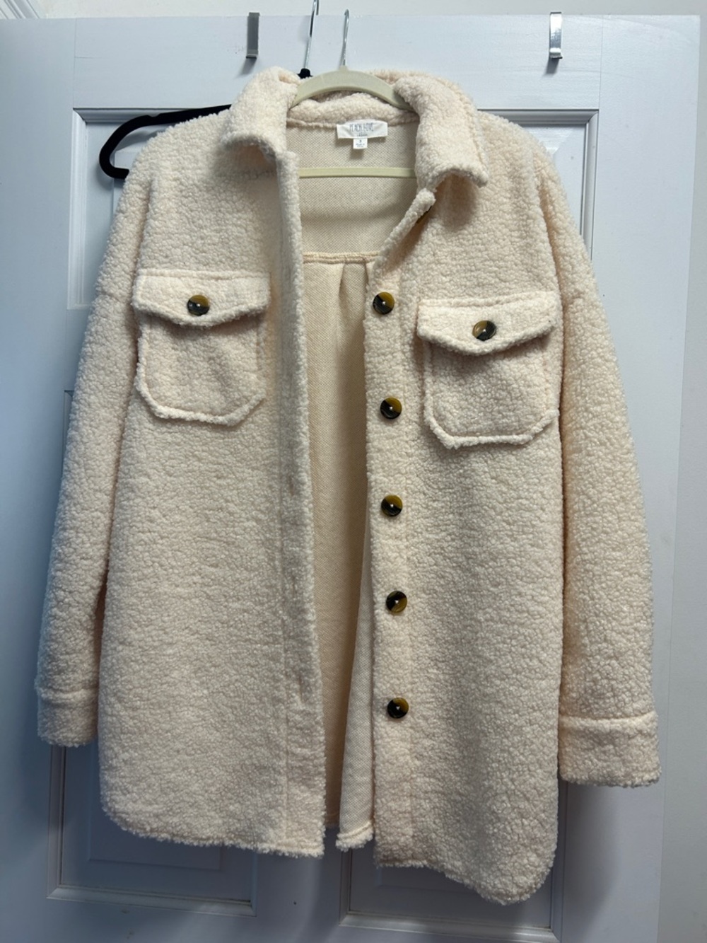 Peach Love California Cream Teddy Shacket with Button Front